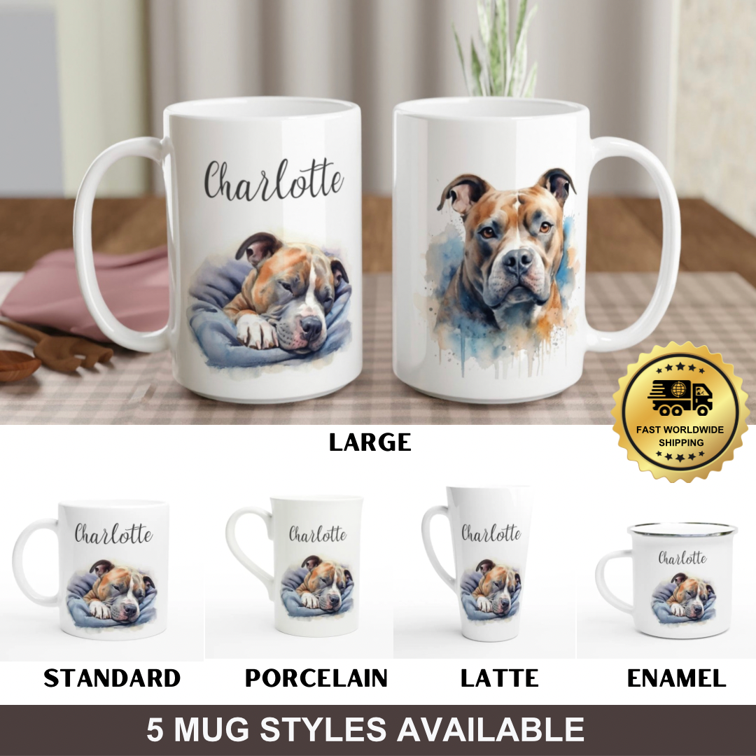 Personalised Staffy dog mug with name