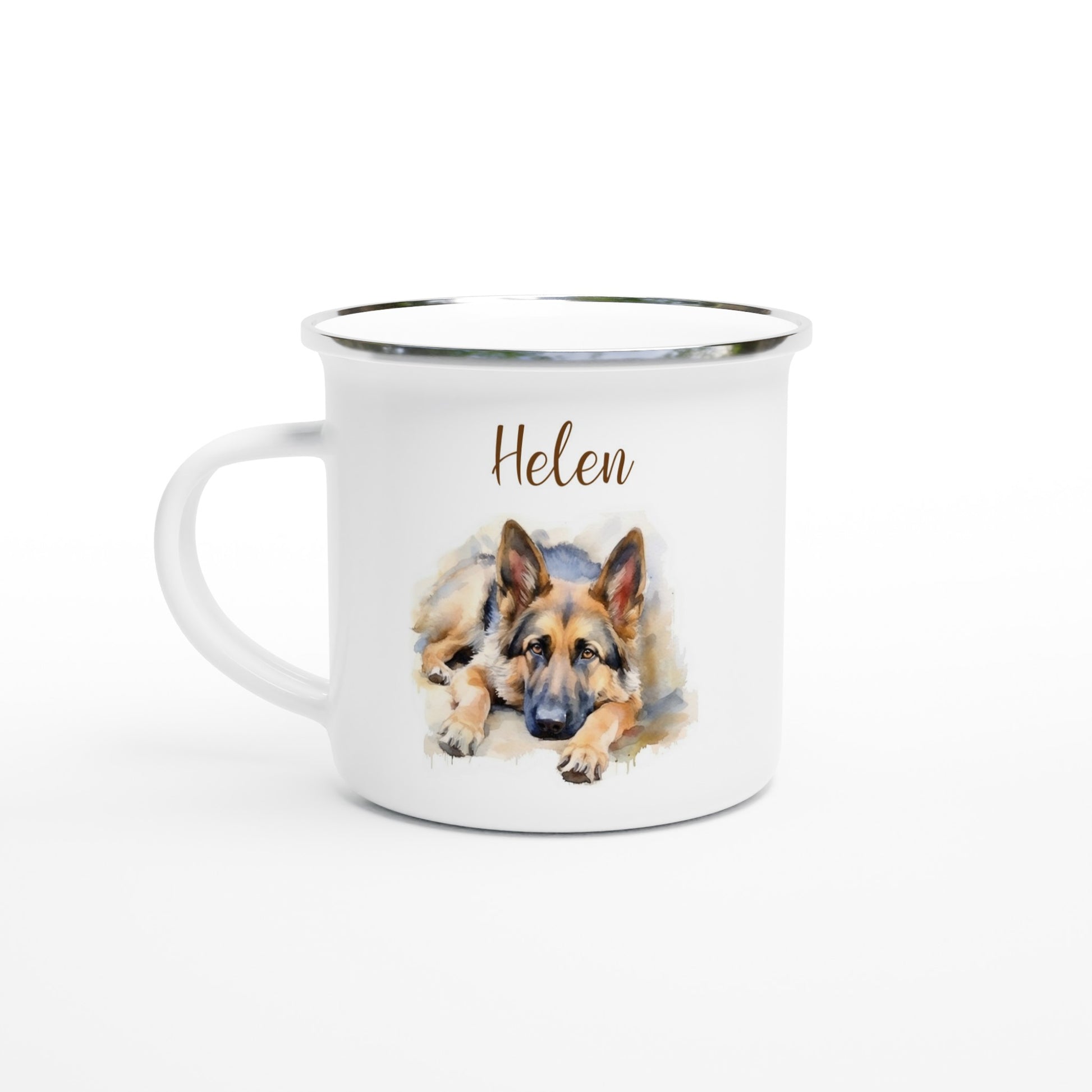 Personalised German shepherd enamel camping mug