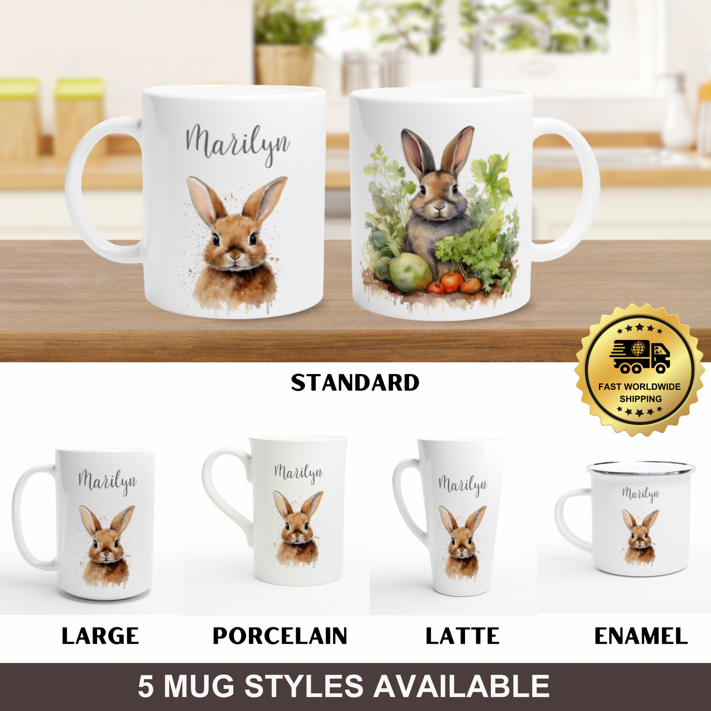 Personalised rabbit mug cup with custom name for rabbit lovers