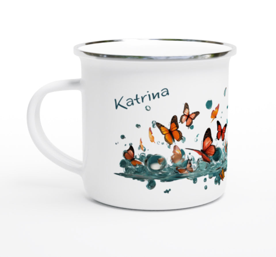 Personalised butterflies enamel camping mug with name
