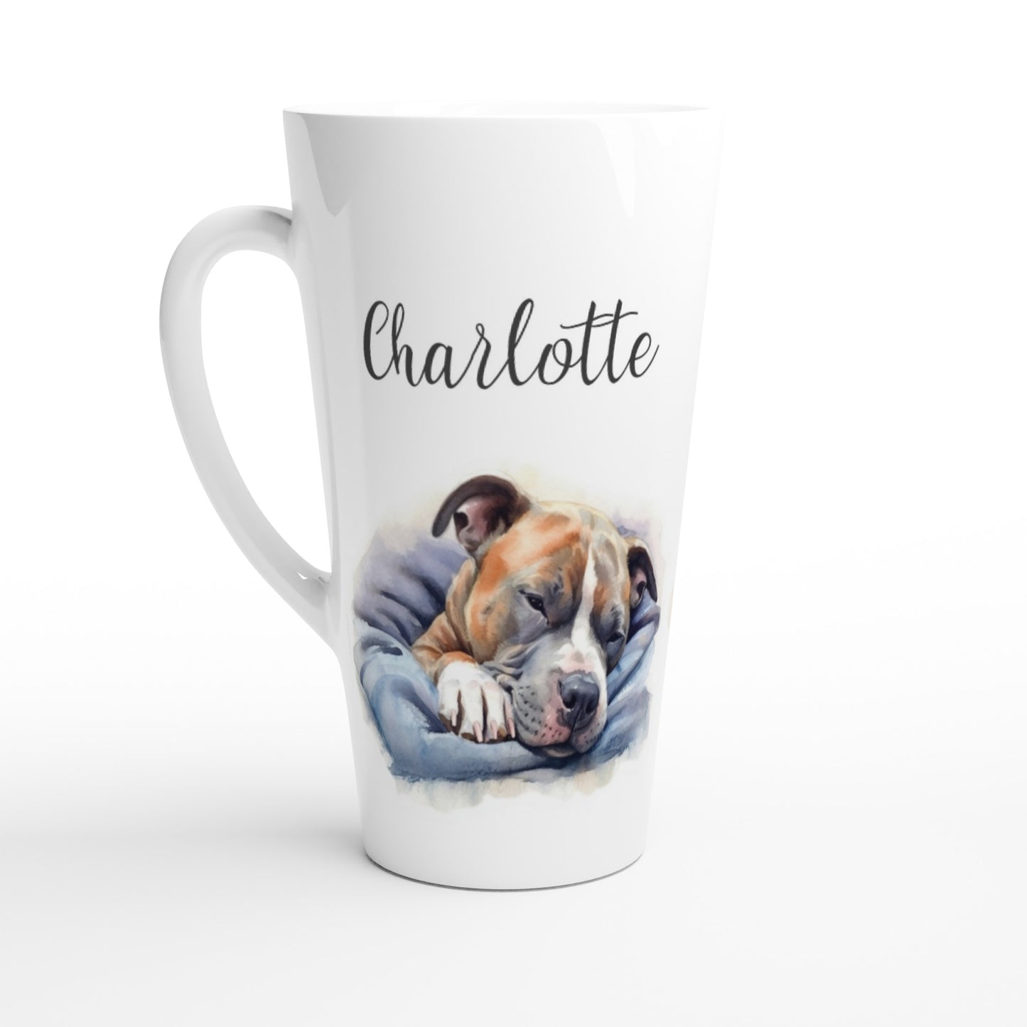 Staffy dog latte mug with name personalised 