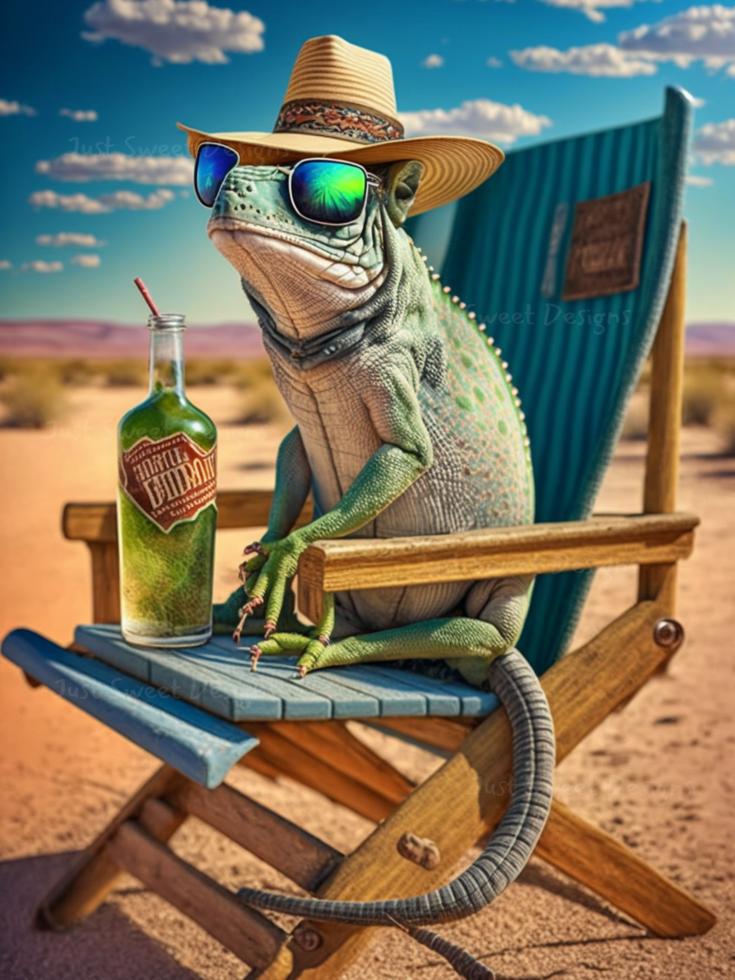 Funny Chameleon relaxing on a deck chair  wall art 