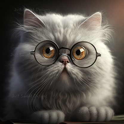 Fluffy grey cat with glasses poster